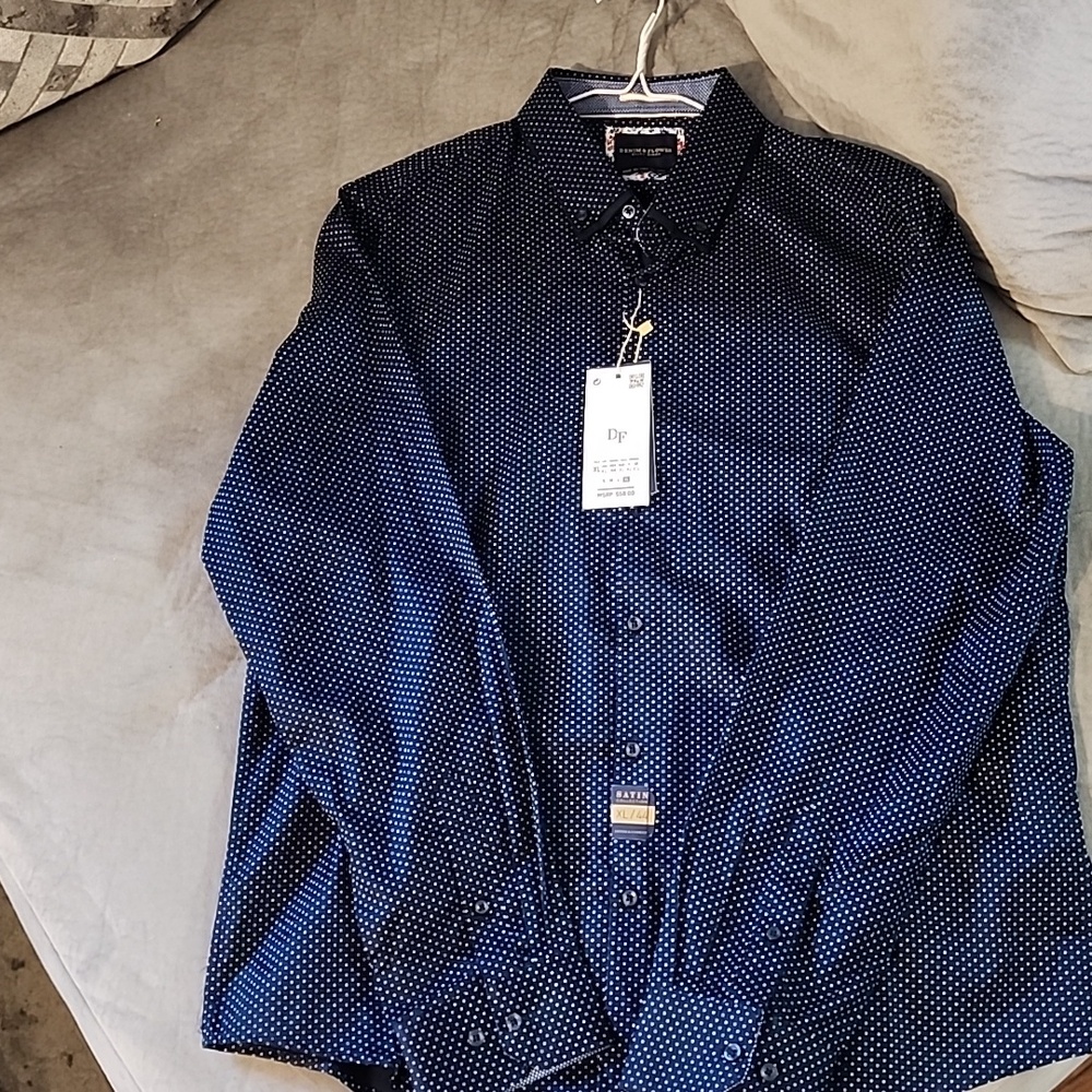 Denim & Flower Ricky Singh, XL dress shirt. Dark blue with White spots